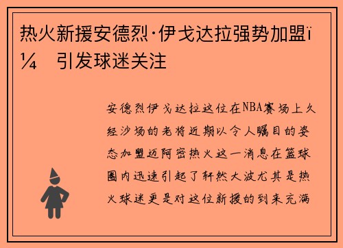 热火新援安德烈·伊戈达拉强势加盟，引发球迷关注
