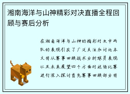 湘南海洋与山神精彩对决直播全程回顾与赛后分析